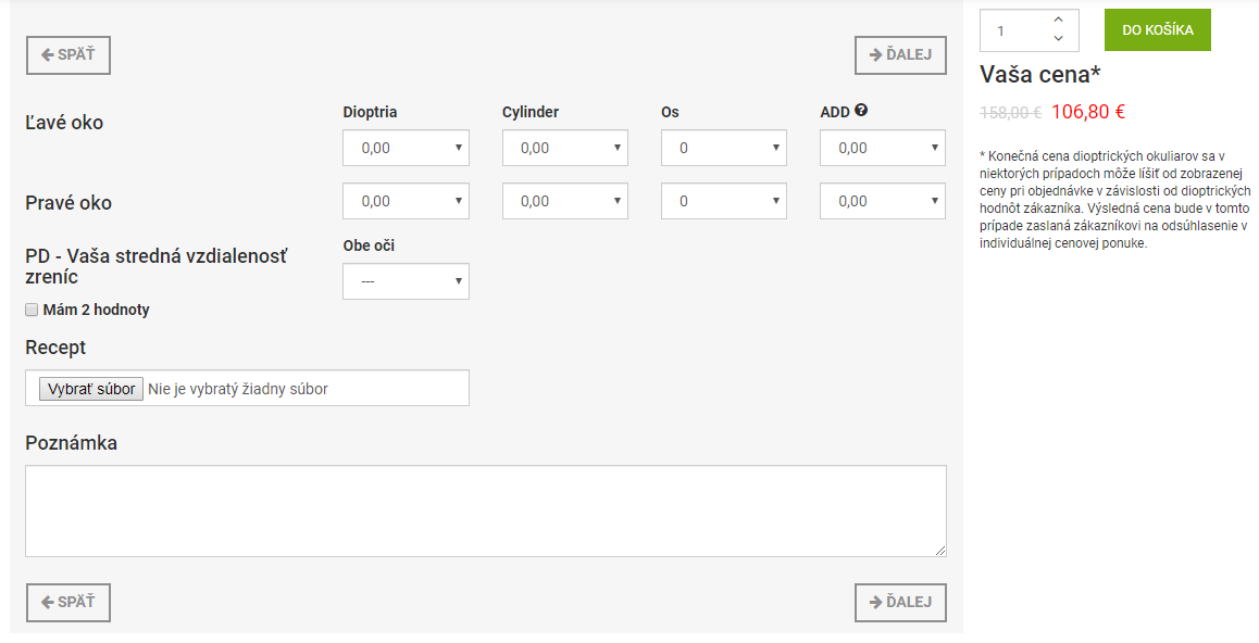Nákup okuliarov online - vyplnenie receptu